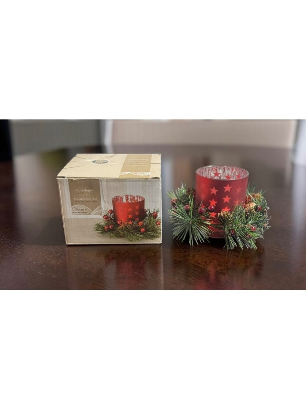 Decoris Red Glass Tealight Holder With Festive Pine & Berry Wreath Accent
